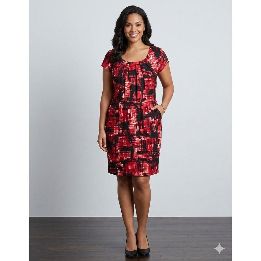 Olivia Matthews Midi Dress Abstract Print Red black,White Sheath Sleeveless 16W